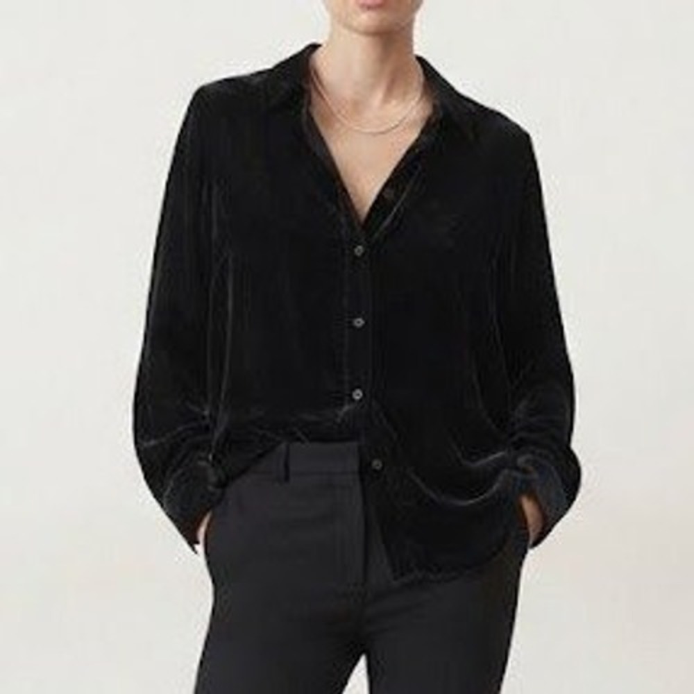 COS Velvet Button Down Shirt Women 38 6/8 Black Long Sleeve Hidden Placket